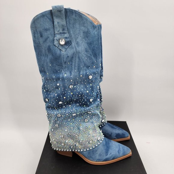 AZALEA WANG Mellow Denim Western Rhinestone Studded Cowgirl Cowboy Boots 7-11 - Picture 8 of 12
